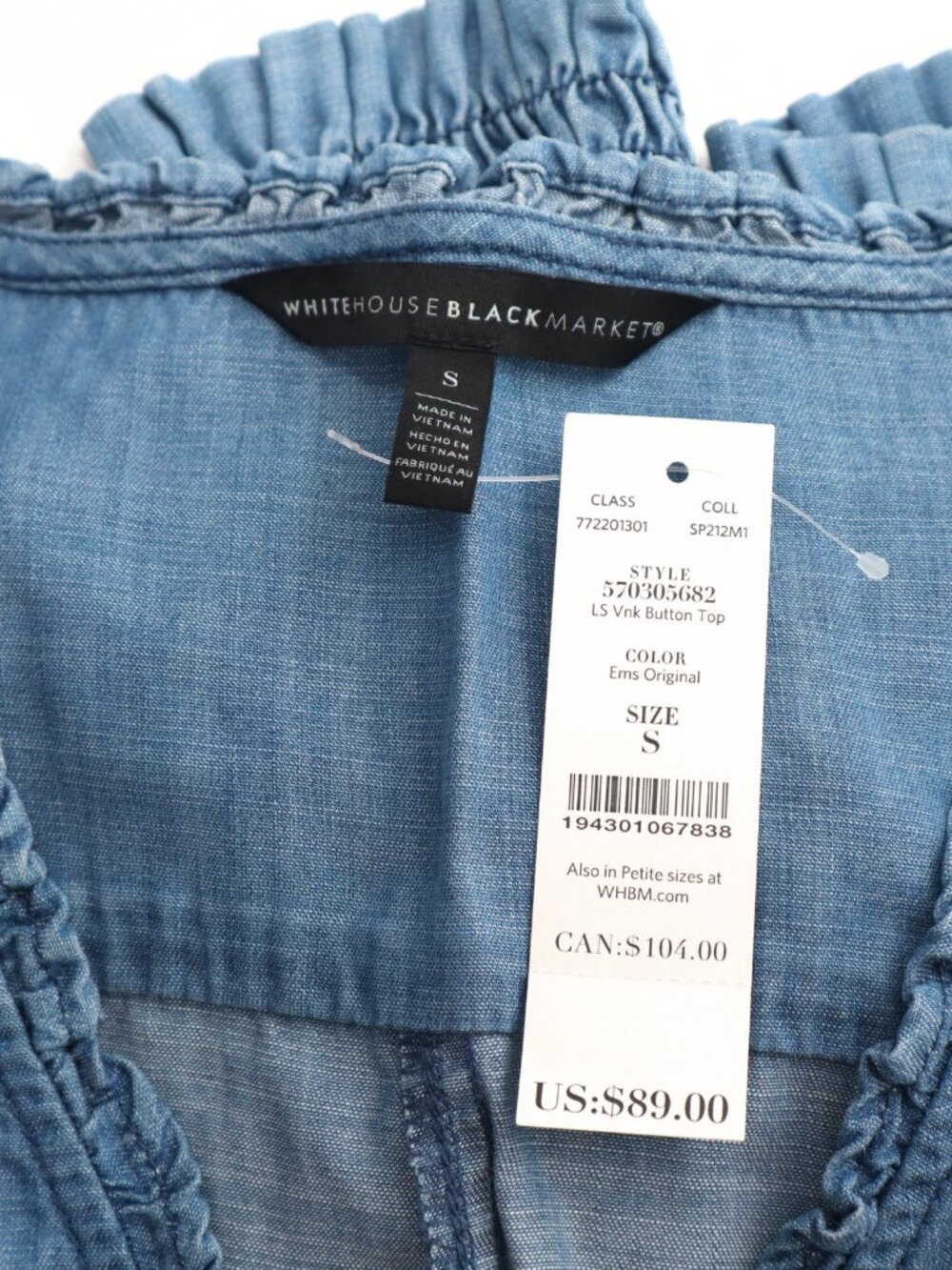 NWT White House Black Market Chambray Ruffle Blouse Blue Size S - Picture 4 of 4